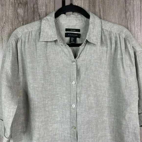Tahari Shirt Dress Linen Button Down Short Sleeves Collared Sage Color Sz S - Picture 3 of 8